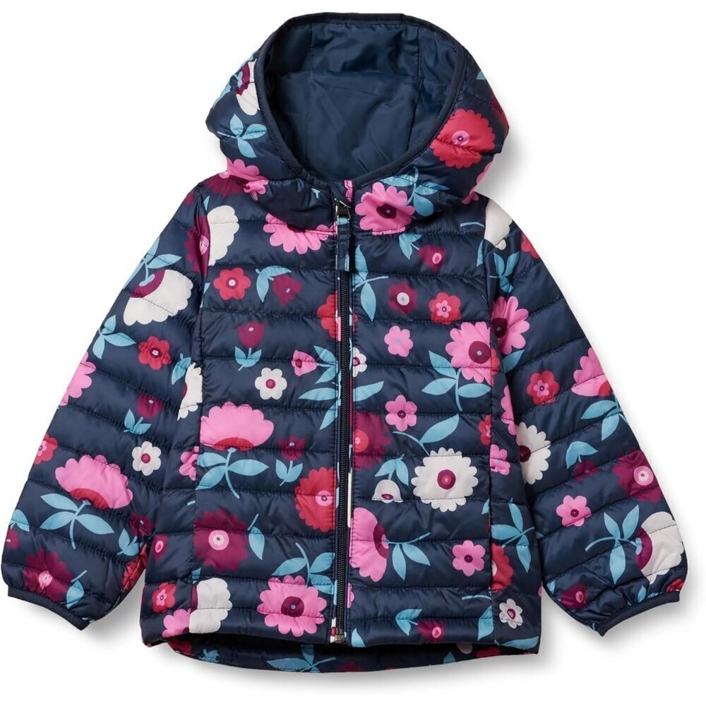 Girls Navy Floral Lightweight Water Resistant Hooded Puffer Jacket Winter Coat
